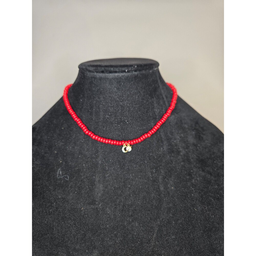 Red Beaded Choker with Crescent Moon and Planet Pendant Space Theme